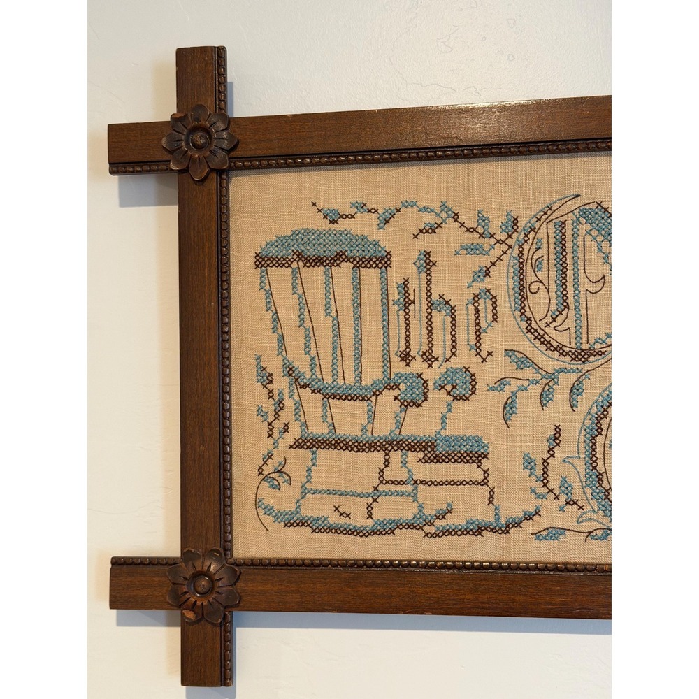 Antique Victorian Sampler "The Old Rocking Chair", Cross Corner Tramp Art Frame - Picture 2 of 13